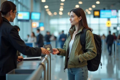Jeune femme présentant son passeport à l'aéroport