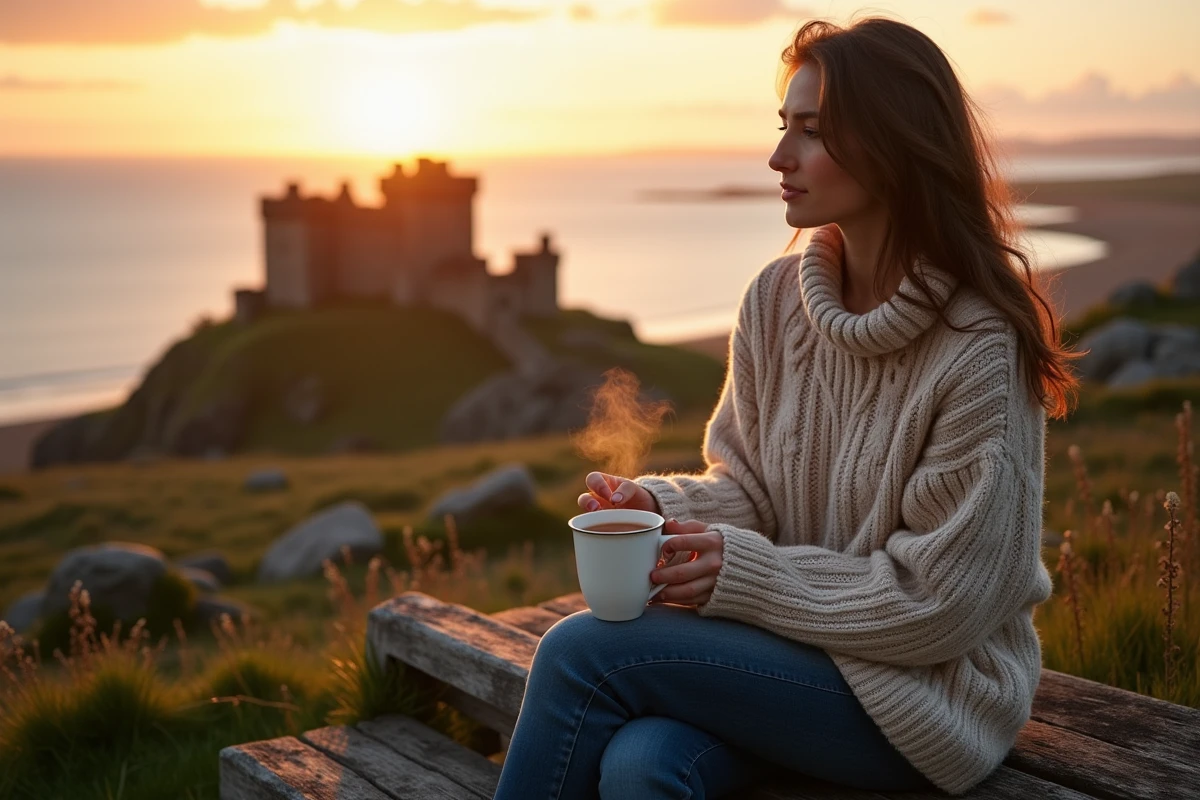 Femme assise sur un banc regardant le château au coucher du soleil