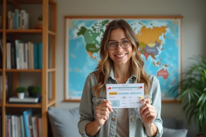 Femme souriante tenant un permis de conduire international devant une carte du monde