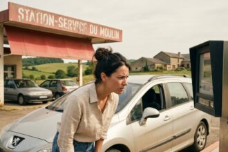 Femme faisant le plein d'essence à une station-service en bord de route pendant des vacances en voiture