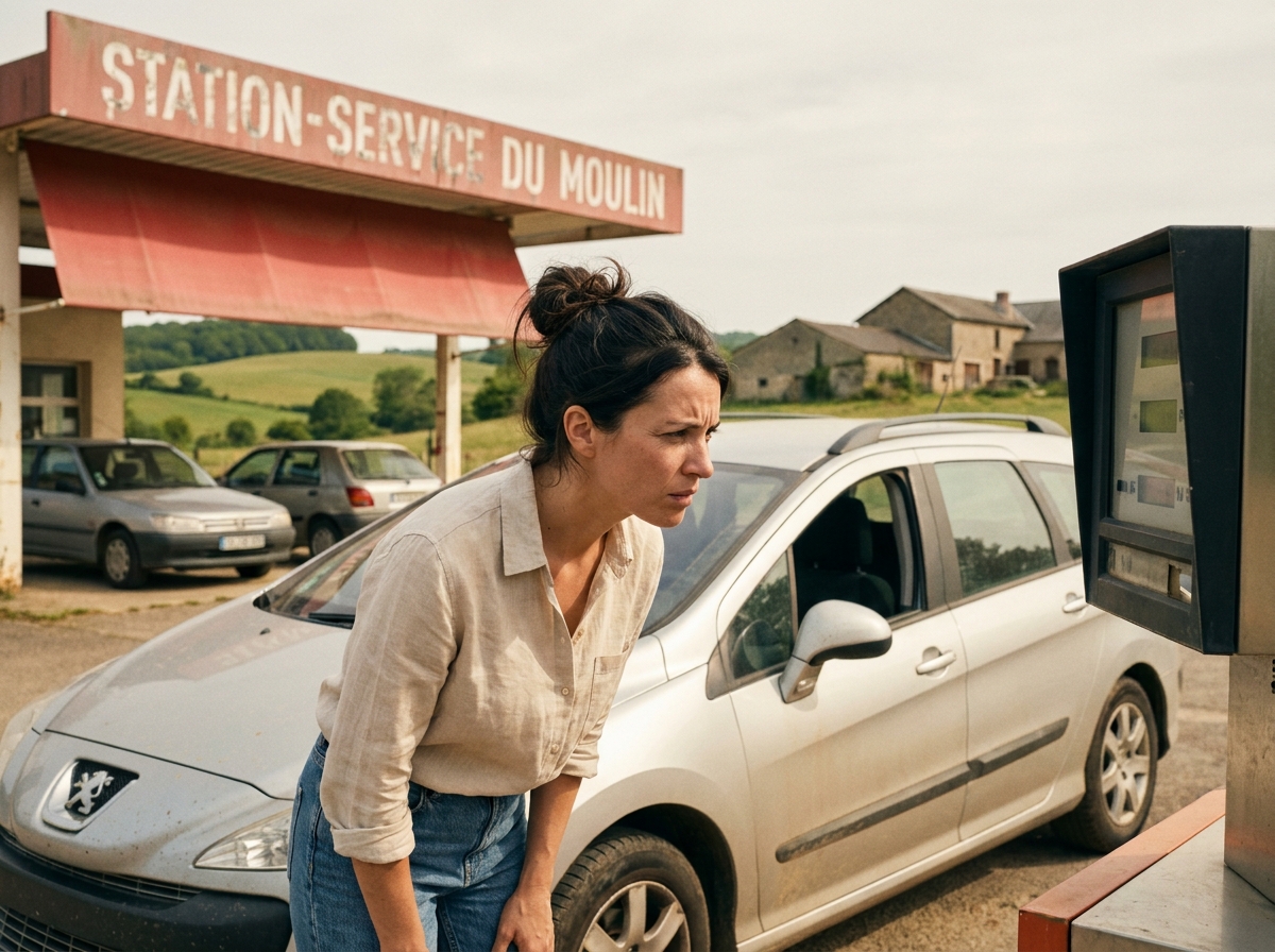 Femme faisant le plein d'essence à une station-service en bord de route pendant des vacances en voiture