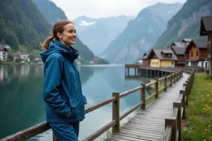 Jeune femme en randonnée au bord du lac de Hallstatt