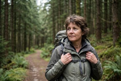 Femme en veste technique en forêt de pins lors d'une randonnée