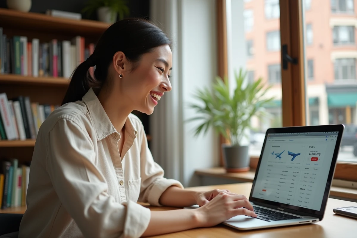 Femme cherchant des billets d'avion pas chers sur Google Flights depuis son bureau à domicile
