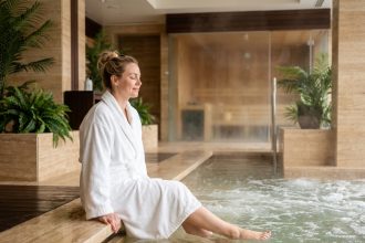 Femme en robe de chambre blanche se relaxant au bord d'un bassin thermal dans un spa d'hôtel haut de gamme