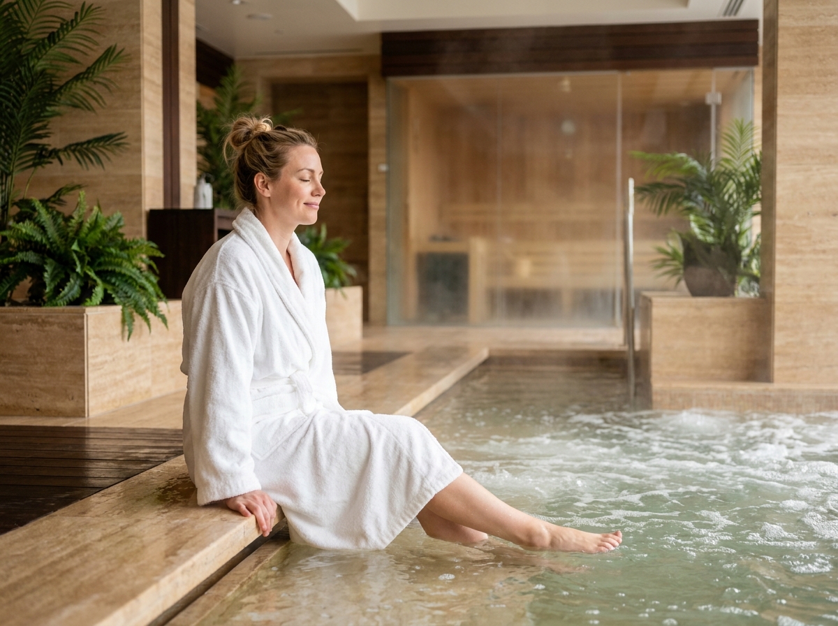 Femme en robe de chambre blanche se relaxant au bord d'un bassin thermal dans un spa d'hôtel haut de gamme
