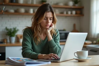 Femme en réflexion avec brochures de voyage et ordinateur