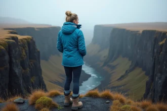 Femme scandinave face à la vallée de Thingvellir en Islande