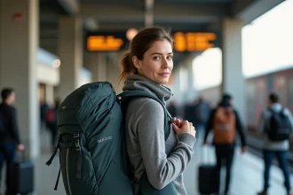 Femme ajustant les bretelles de son sac à dos de voyage dans une gare ferroviaire animée