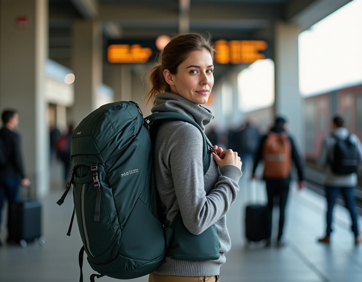 Femme ajustant les bretelles de son sac à dos de voyage dans une gare ferroviaire animée