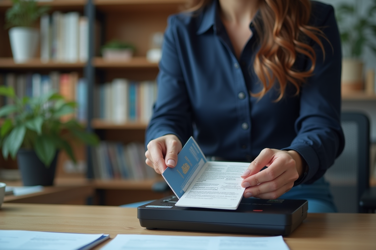 Jeune femme scanne son passeport biométrique à domicile