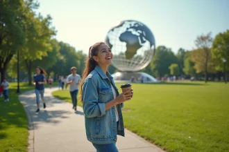 Jeune femme souriante devant l'unisphere à Flushing Meadows