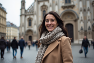 Femme souriante devant la cathédrale de Vienne