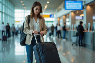 Jeune femme préparant sa valise à l'aéroport