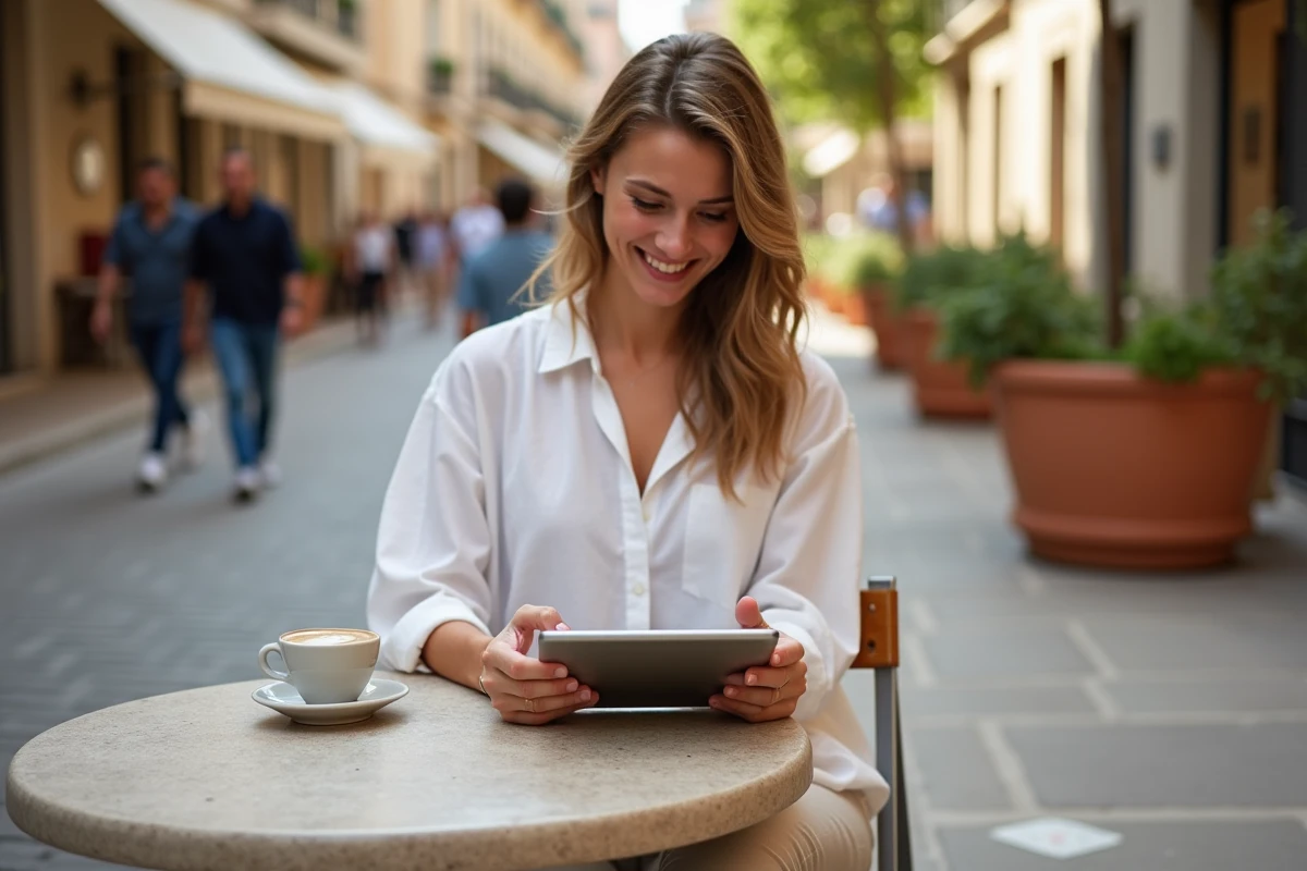 Jeune femme consultant une application de géographie en terrasse, cherchant des pays et villes dont le nom commence par X