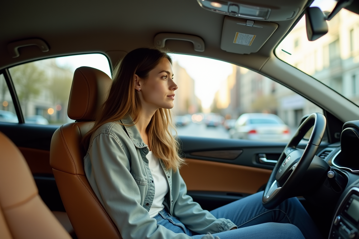 Jeune femme détendue dans le taxi regardant par la fenêtre