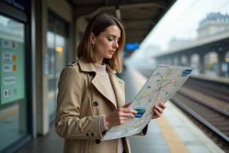 Femme examinant une carte du metro parisien en extérieur