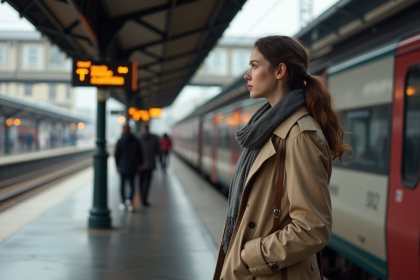 Jeune femme devant un train européen à la gare