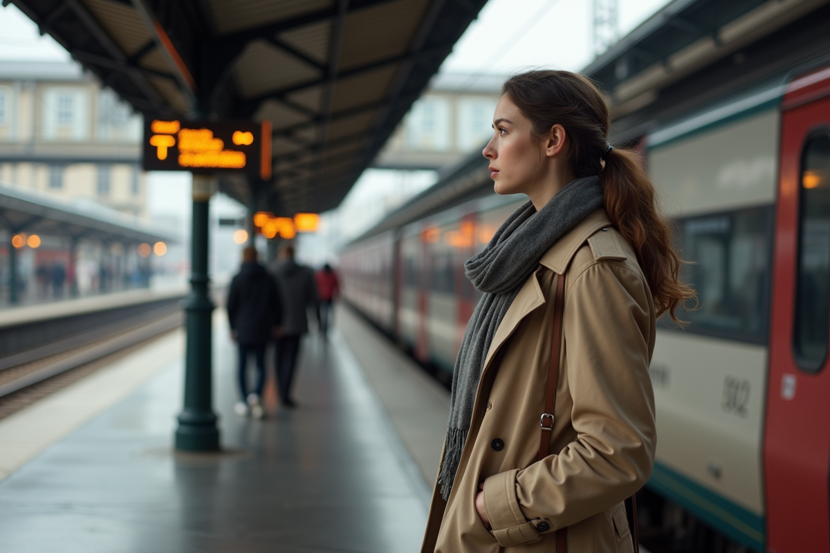 Jeune femme devant un train européen à la gare