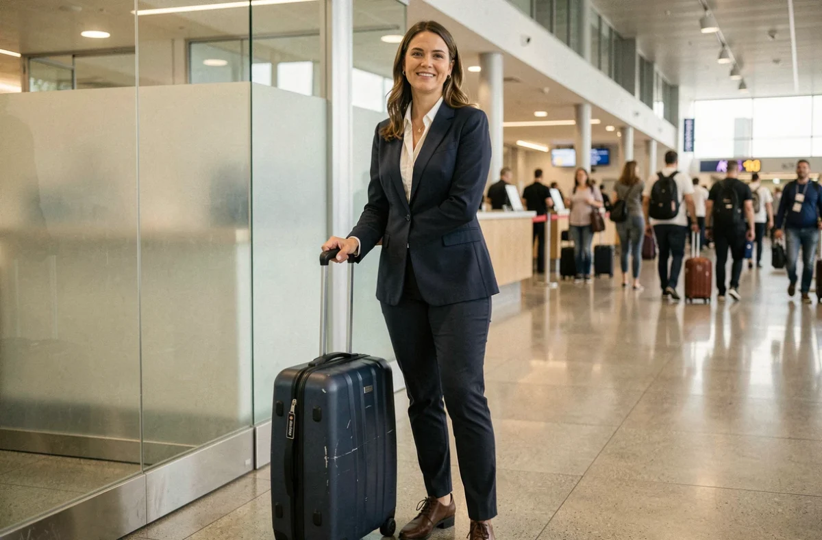 Femme élégante avec une valise cabine Jump au comptoir d'enregistrement d'un aéroport international