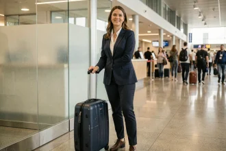 Femme élégante avec une valise cabine Jump au comptoir d'enregistrement d'un aéroport international