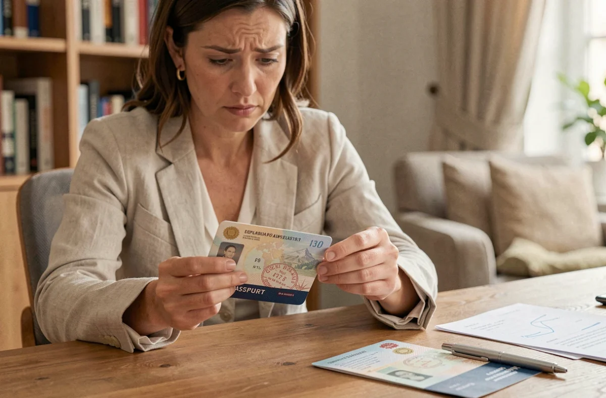 Femme vérifiant la date d'expiration de son passeport avant un voyage urgent en 2026