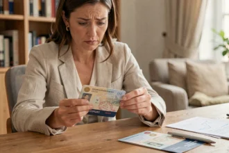 Femme vérifiant la date d'expiration de son passeport avant un voyage urgent en 2026