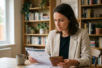Femme consultant des documents d'assurance voyage à domicile avant un départ à l'étranger