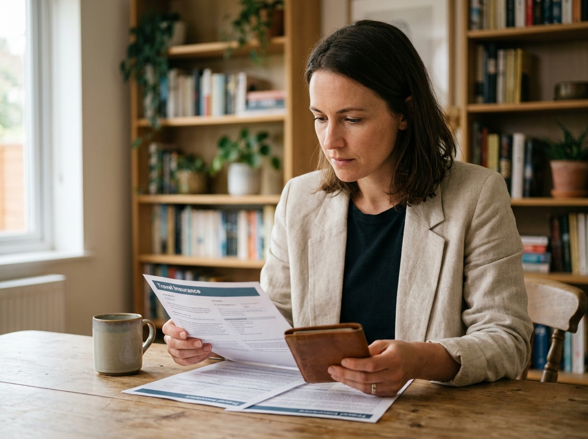 Femme consultant des documents d'assurance voyage à domicile avant un départ à l'étranger