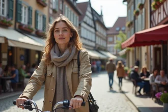 Jeune femme à vélo devant une place allemande pittoresque