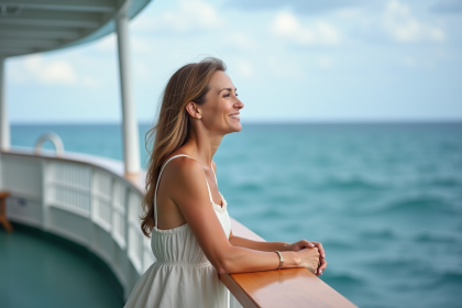 Femme souriante contemplant l'océan depuis un pont de bateau
