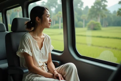 Jeune femme détendue dans un van balinais en voyage