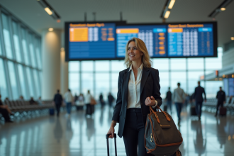 Femme souriante en voyage à l'aéroport avec valise