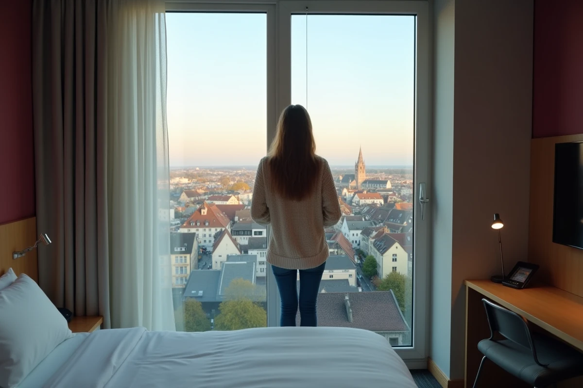 Femme regardant la ville de Strasbourg depuis sa chambre