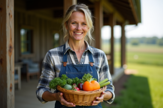Femme fermière souriante avec panier de légumes frais devant ferme