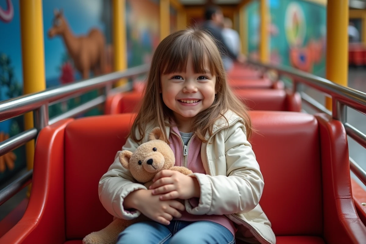 Petite fille heureuse dans un véhicule de manège Disney
