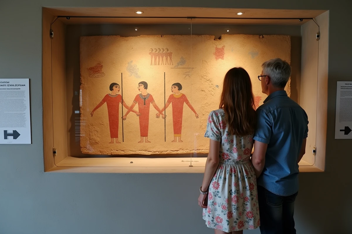 Couple admirant une fresque minoenne restaurée au musée archéologique d'Akrotiri à Santorin