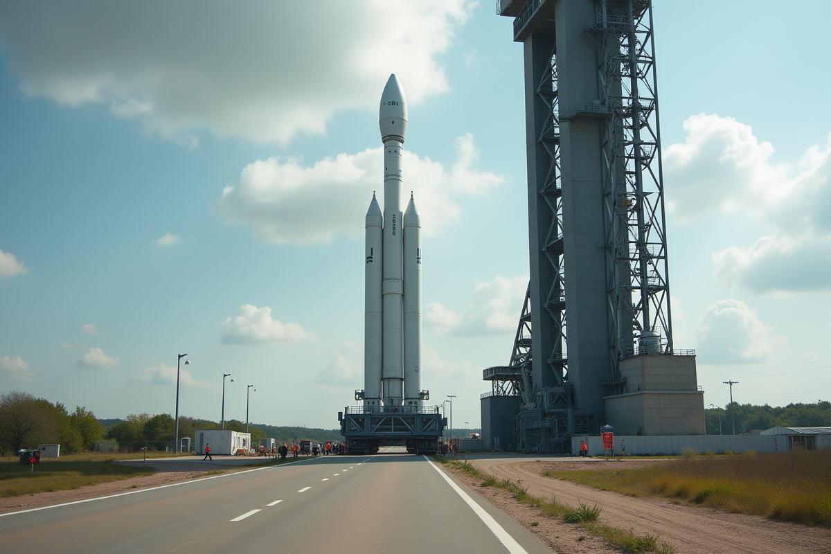 Fusée Ariane 6 sur le pas de tir dans un environnement extérieur