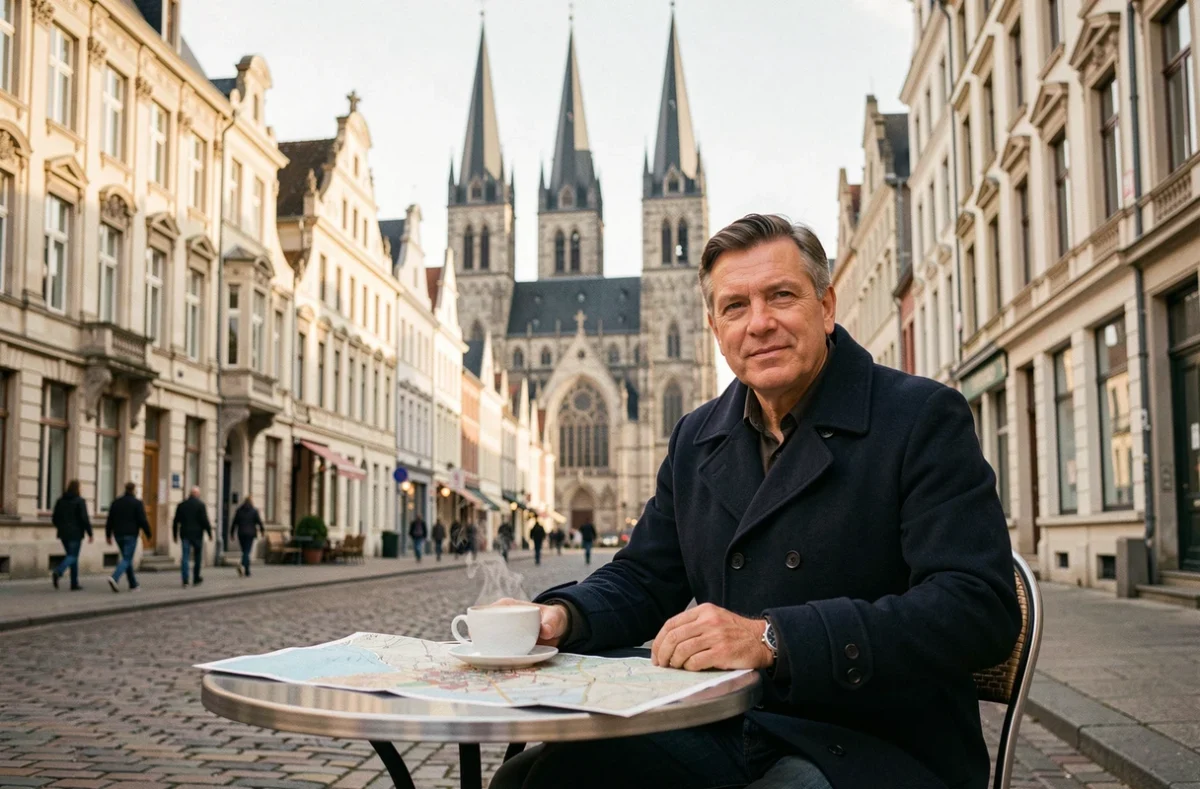 Homme attablé dans un café en terrasse à Gand avec la cathédrale Saint-Bavon et les flèches gothiques en arrière-plan