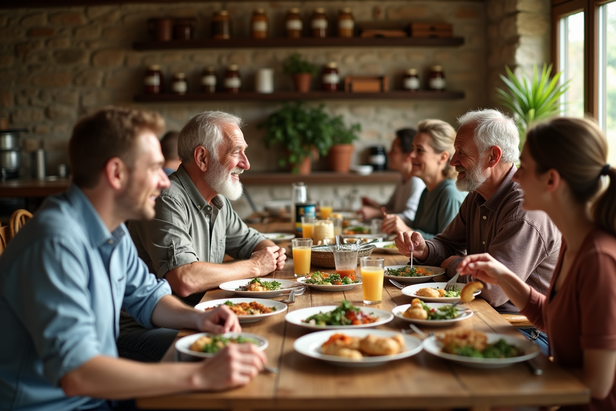 Groupe de convives dégustant plats locaux dans restaurant rustique