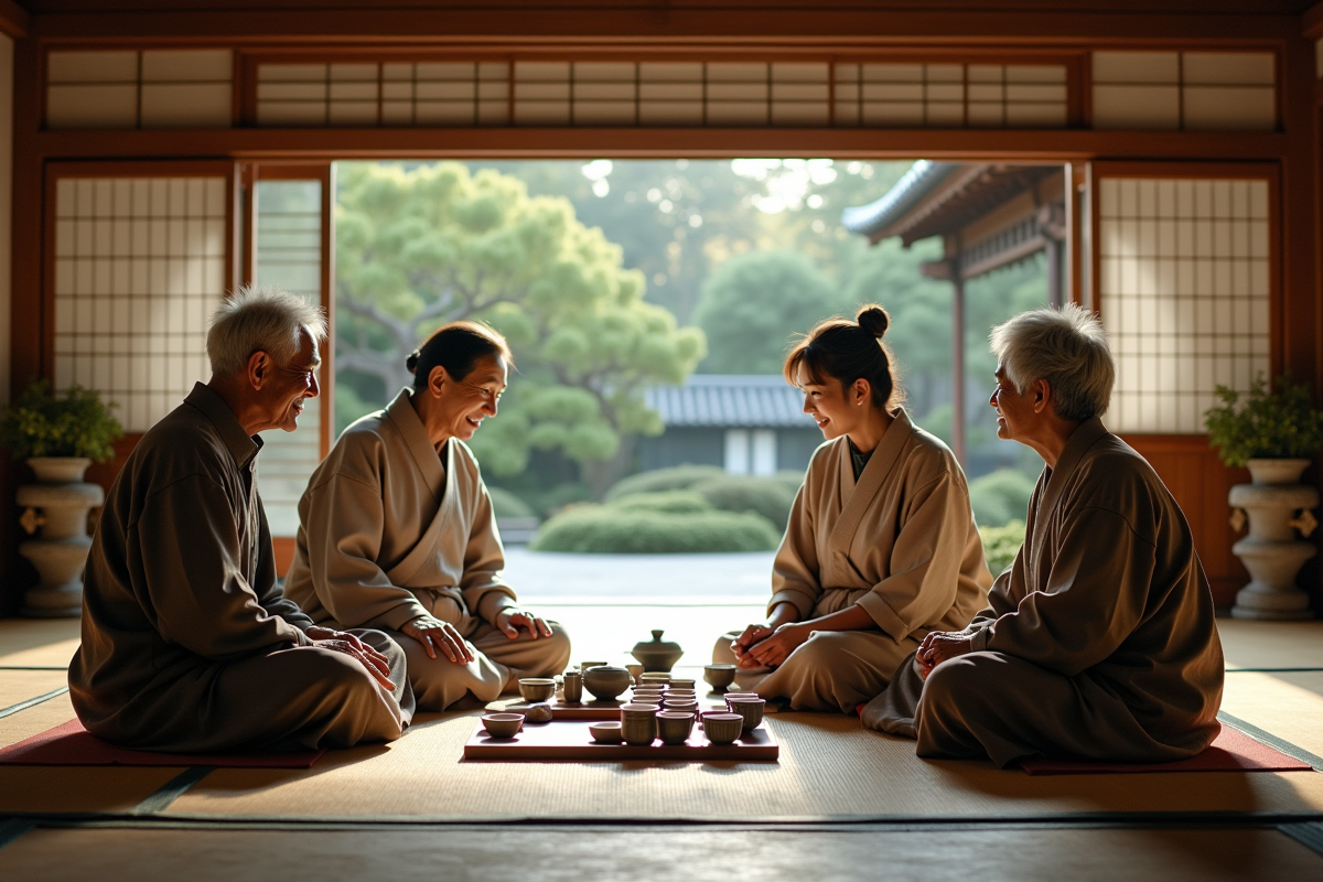 Groupe de clients dégustant du thé dans une cour ancienne