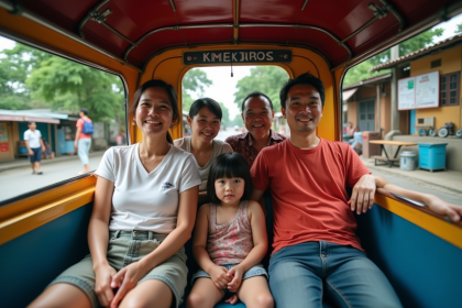 Groupe d'adultes et enfants dans un tuktuk coloré en Asie du Sud-Est