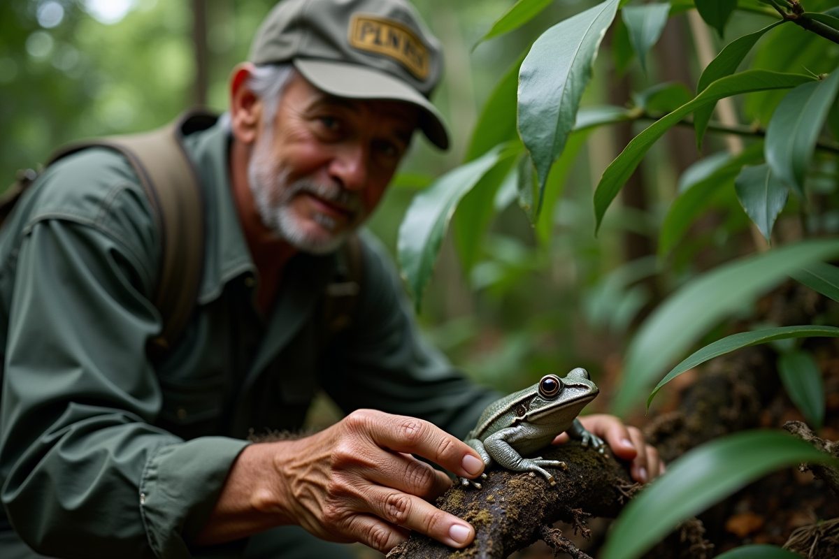 Guide amazonien montrant une grenouille camouflée dans la jungle