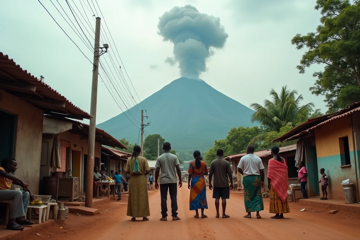 Habitants de Goma observant le panache de cendres du volcan Nyiragongo visible à l'horizon depuis la ville