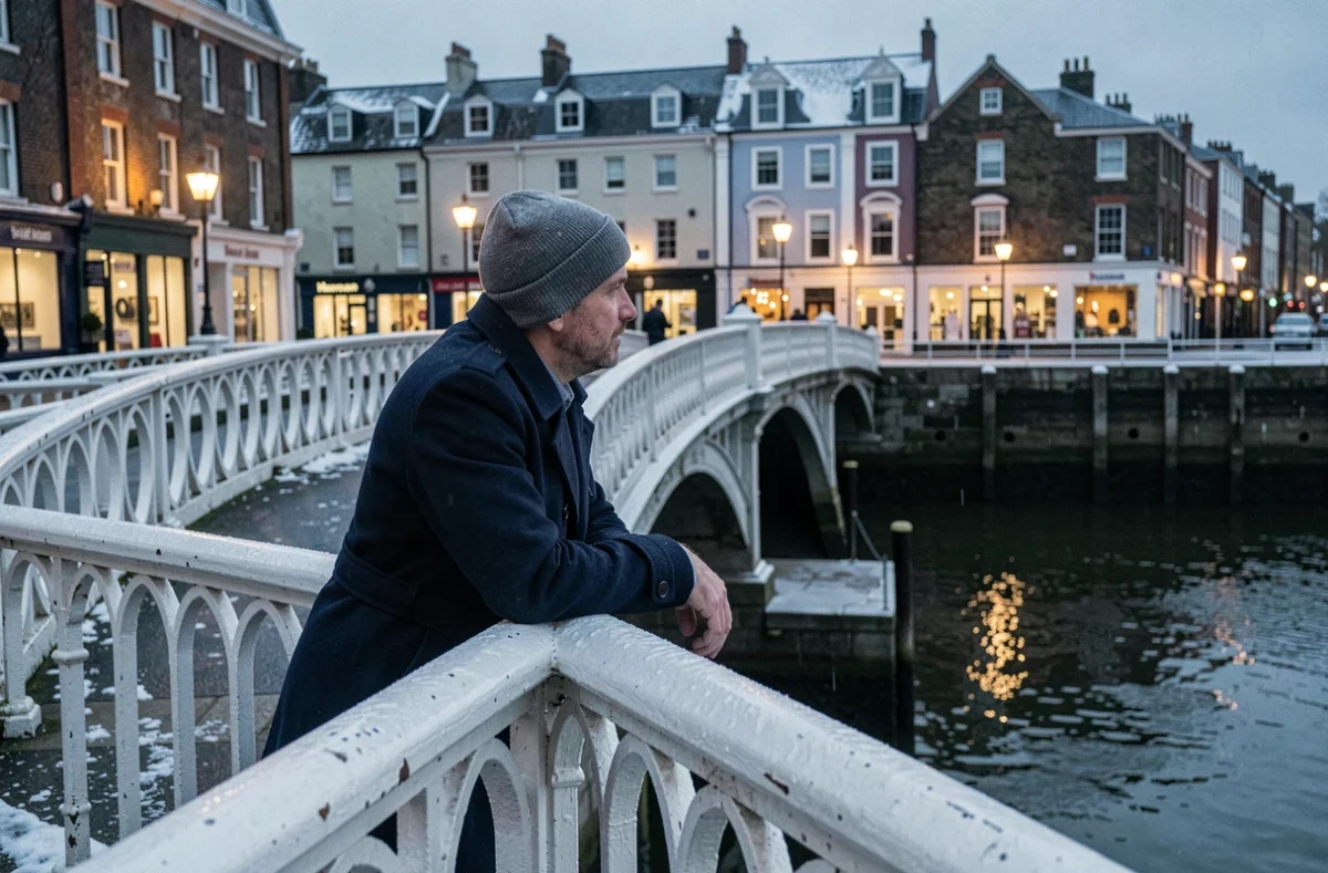 Homme en manteau marine appuyé sur le Ha'penny Bridge de Dublin au crépuscule hivernal avec le reflet des lumières de la ville sur la Liffey