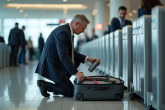 Homme d'affaires vérifiant sa valise à l'aéroport