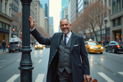 Homme d'affaires souriant hélant un taxi en ville
