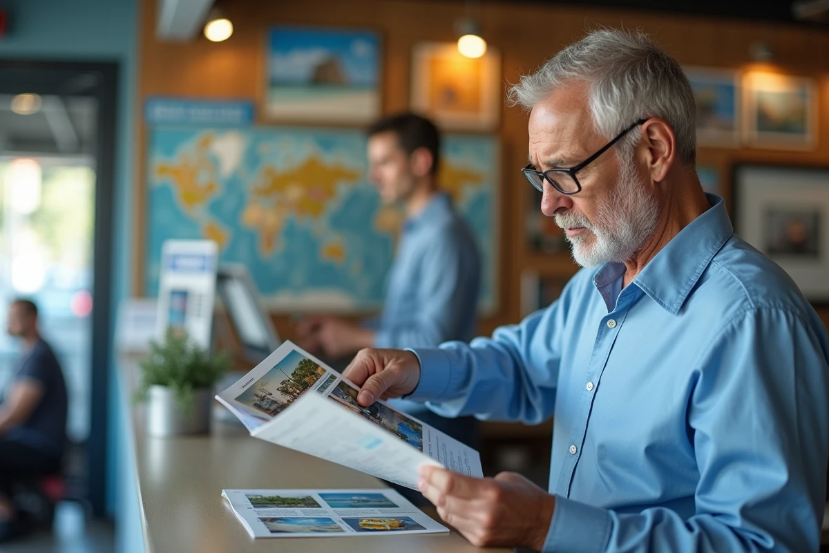 Homme pointant brochure de voyage dans agence