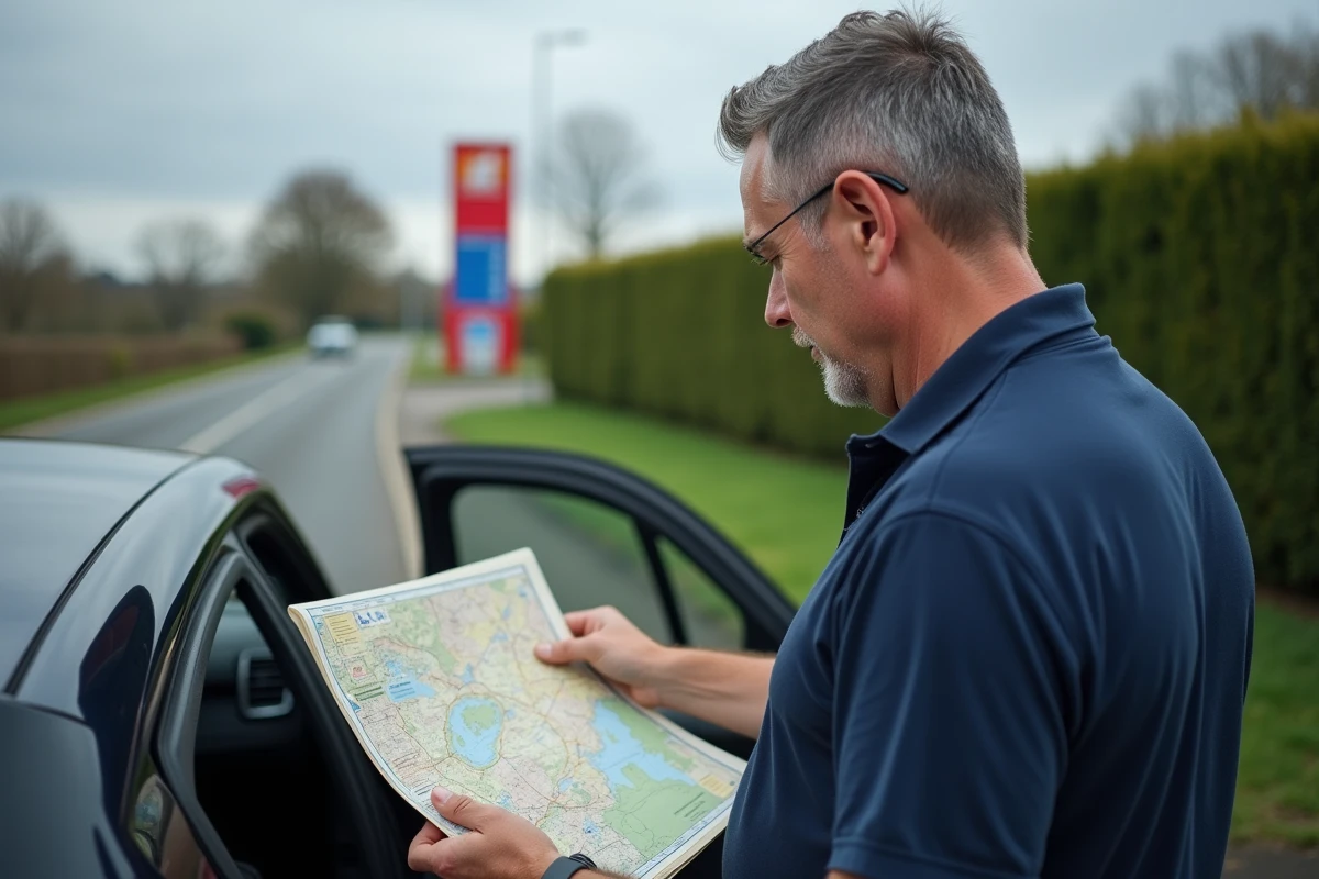 Homme debout près de sa voiture consultant un atlas Michelin routier en bord de route