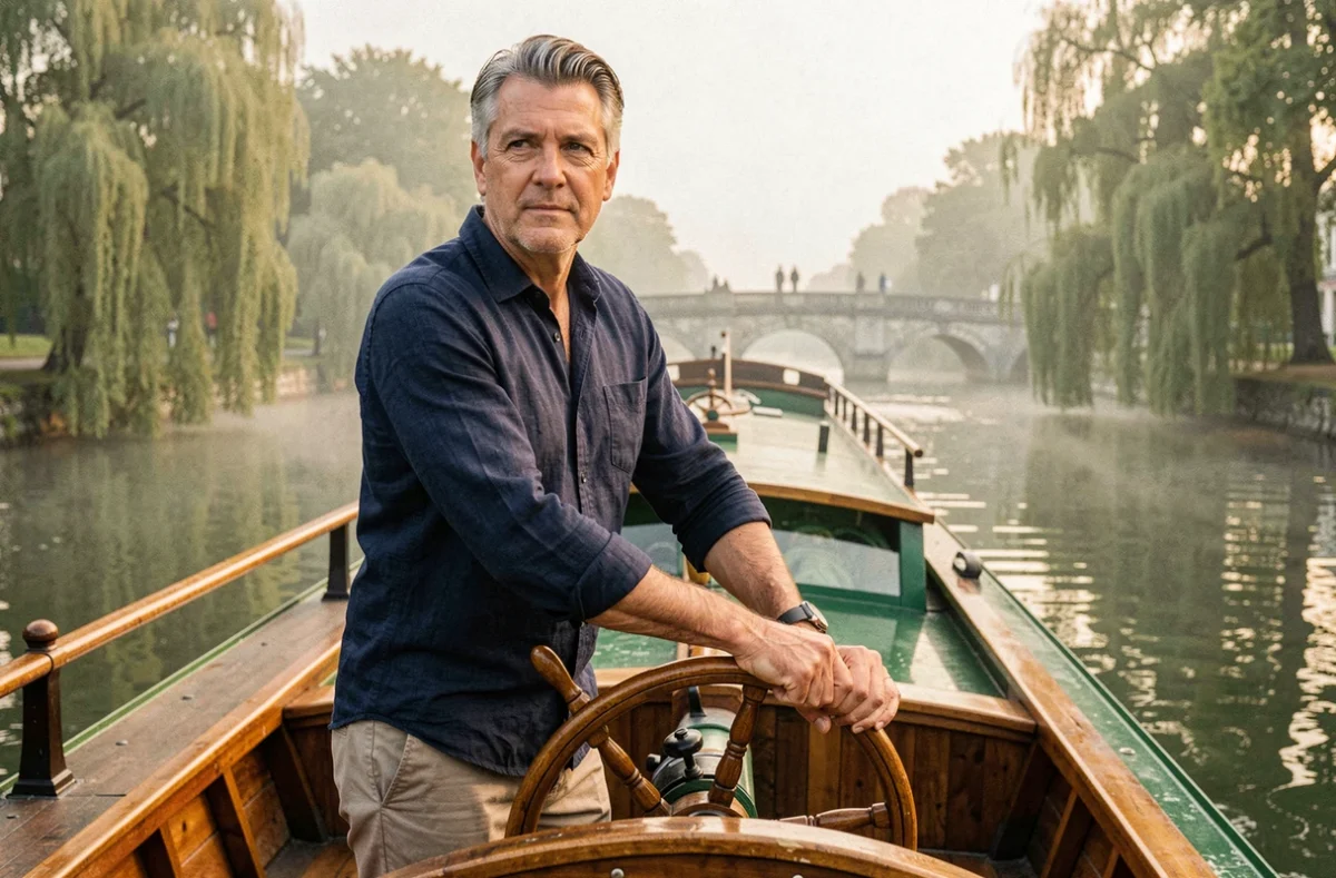 Homme à la barre d'une péniche en bois sur un canal français bordé de saules, croisière fluviale sur mesure